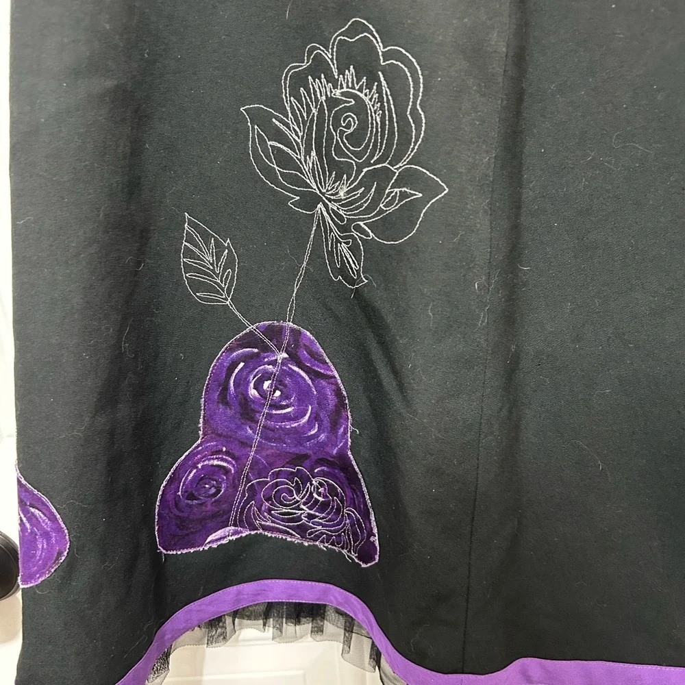 Black A-Line Skirt with Purple Rose Embroidery - Picture 6 of 8